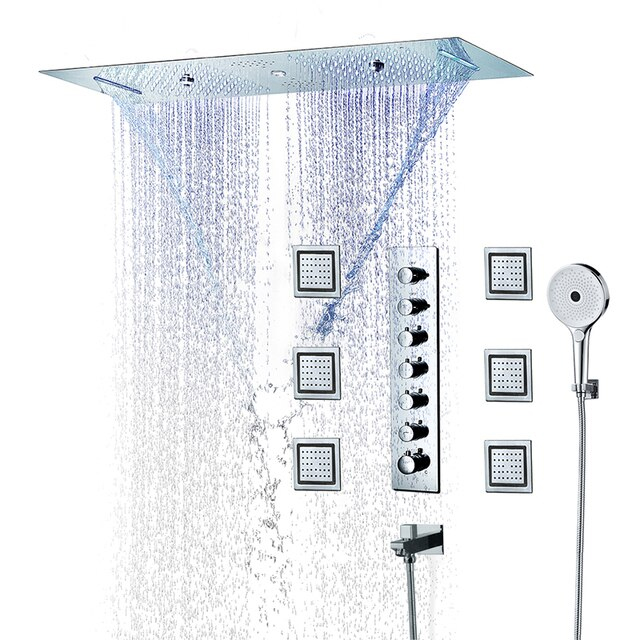 Fontana Dijon Thermostatic Recessed Ceiling Mount Luxurious LED Musical Rainfall Shower System with Jetted Body Sprays, Round Hand Shower and Touch Panel Light